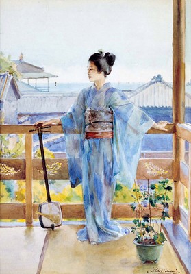 Anton Alois Stern ''Geisha Standing On Balcony'' portrait Blue Artwork Fine Art