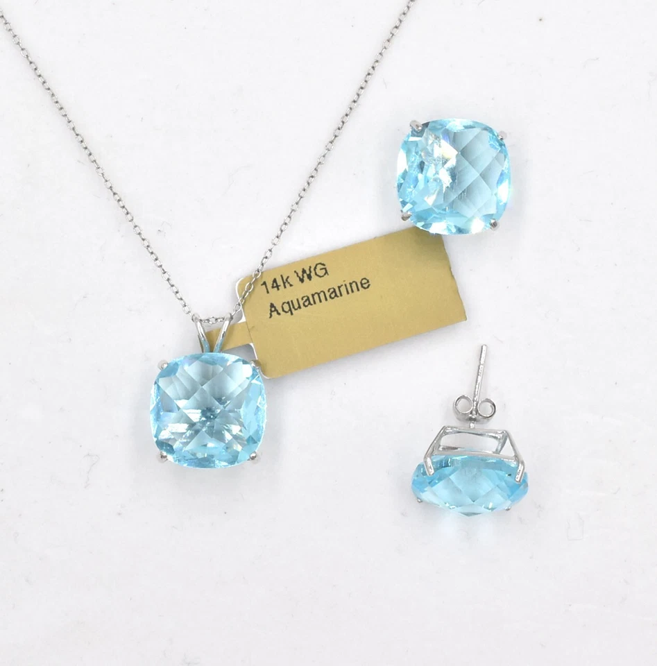 JUEGO DE PENDIENTES Y COLGANTES AGUAMARINA A CUADROS 20,78 CTS ORO BLANCO 14k - Nuevo con etiquetas Foto 2 de 4