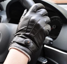 Men's Black Deluxe Fashion Genuine Goat Leather Wrist Gloves 3Lines Touch Screen