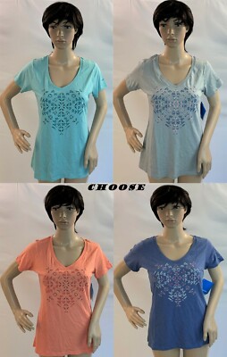 COLUMBIA short sleeve V-neck AZTEC MEDALLION coral/blue/gray/aqua T-shirt,S,M