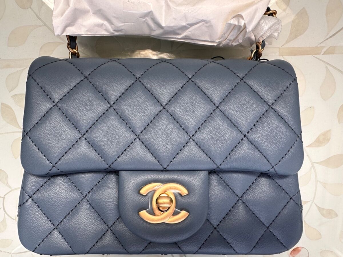 New 23K CHANEL Blue Classic Mini Flap LIM EDIT Bag PEARL CRUSH Gold  MICROCHIP