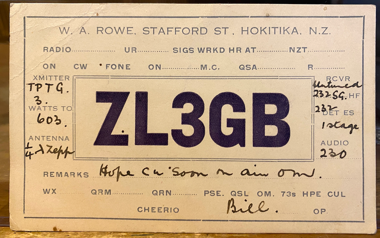 FILA Cartolina Nuova Zelanda fattura WA Rowe Stafford Hokitika NZ QSL prosciutto radio onde corte