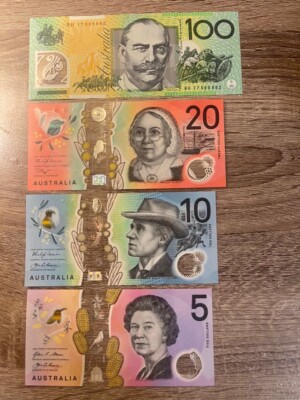 AUSTRALIA 100 + 20 + 10+ 5 Dollars Circulated Polymer Banknotes