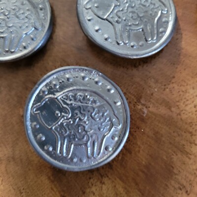 Three Feathers Pewter Buttons Large Sheep Vintage Folk Art