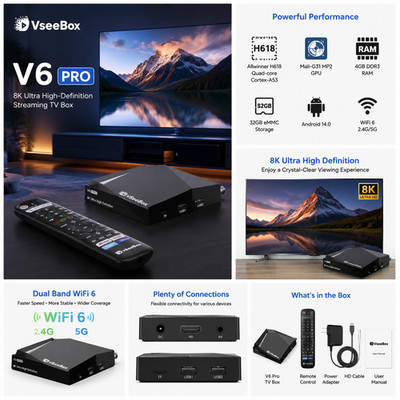 vSeeBox V6 Pro Android 14 TV Box 4GB+32GB WiFi6 8K HDR Streaming Media Player