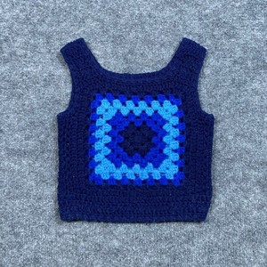 Handmade Kids Blue Granny Square Crochet Sweater Vest Boho Knit Retro Sleeveless