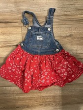 OshKosh B'Gosh Vestbak Overalls Girls Sz 3T Red Paisley Denim Dress Paint Stain