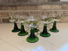 6 Hard stamped Arc France Wine Glasses Green Beehive Stem Painted Grape Leaves