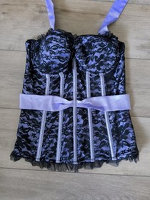 Ann Summers Black & Lilac Satin & Lace Boned Corset Top Size 14