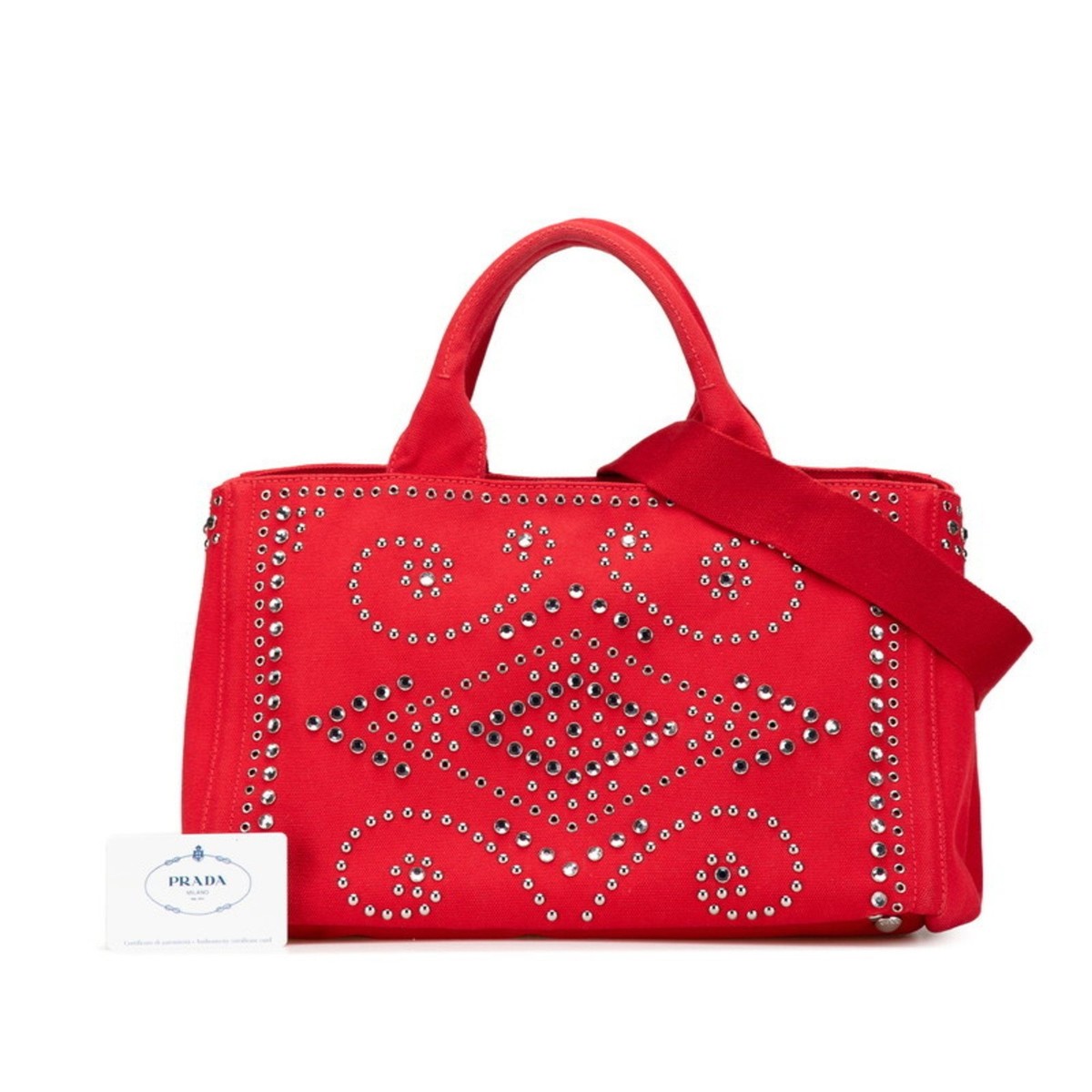 Prada Canapa Studded Beaded Handbag Shoulder Bag Red Canvas