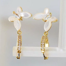 Gold Tone Hinged Hoop Dangle Earrings White F...