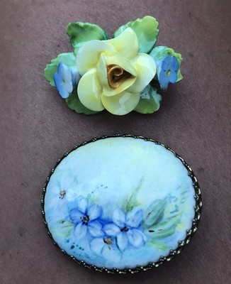 Vtg Artone Bone China Floral Bouquet Brooch England & Oval Cameo Pin Granny