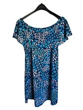 Escapada Living Blue Geometric Knit Shift Dress Stretch Scoop Neck Cap Sleeve S