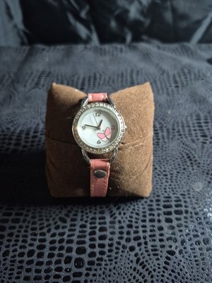 Vtg 1990s Pearlescent Butterfly Watch Rhinestone Border Pink Shiny Metallic