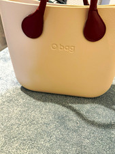 O bag Medium White Rubber Tote, Burgundy Leather Handles, Zip, Removable Pouch