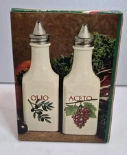 Vintage Oil and Vinegar Bottle Set Olives And Grapes Tuscany New