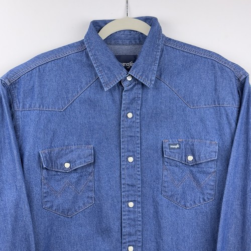 Vintage Wrangler Hemd Herren 18x36 Denim Pearl Snap Cowboy Cut Western Work 70127MW