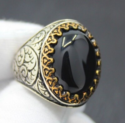 Engraving Turkish Onyx Stone Solid 925 Sterling Silver Men's Ring