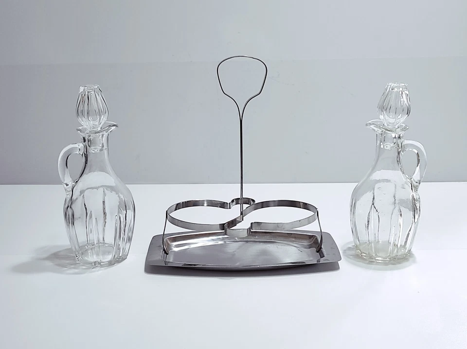 Oliera acetiera antica color argento in vetro vintage olio aceto Anni 60 70 - Immagine 4 di 4