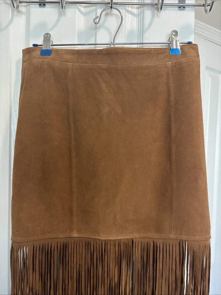 Falda CUSP BY NEIMAN MARCUS Gamuza/Cuero Flecos Marrón Nueva con Etiquetas Talla M Precio de venta sugerido por el fabricante 360 USD Foto 4 de 4