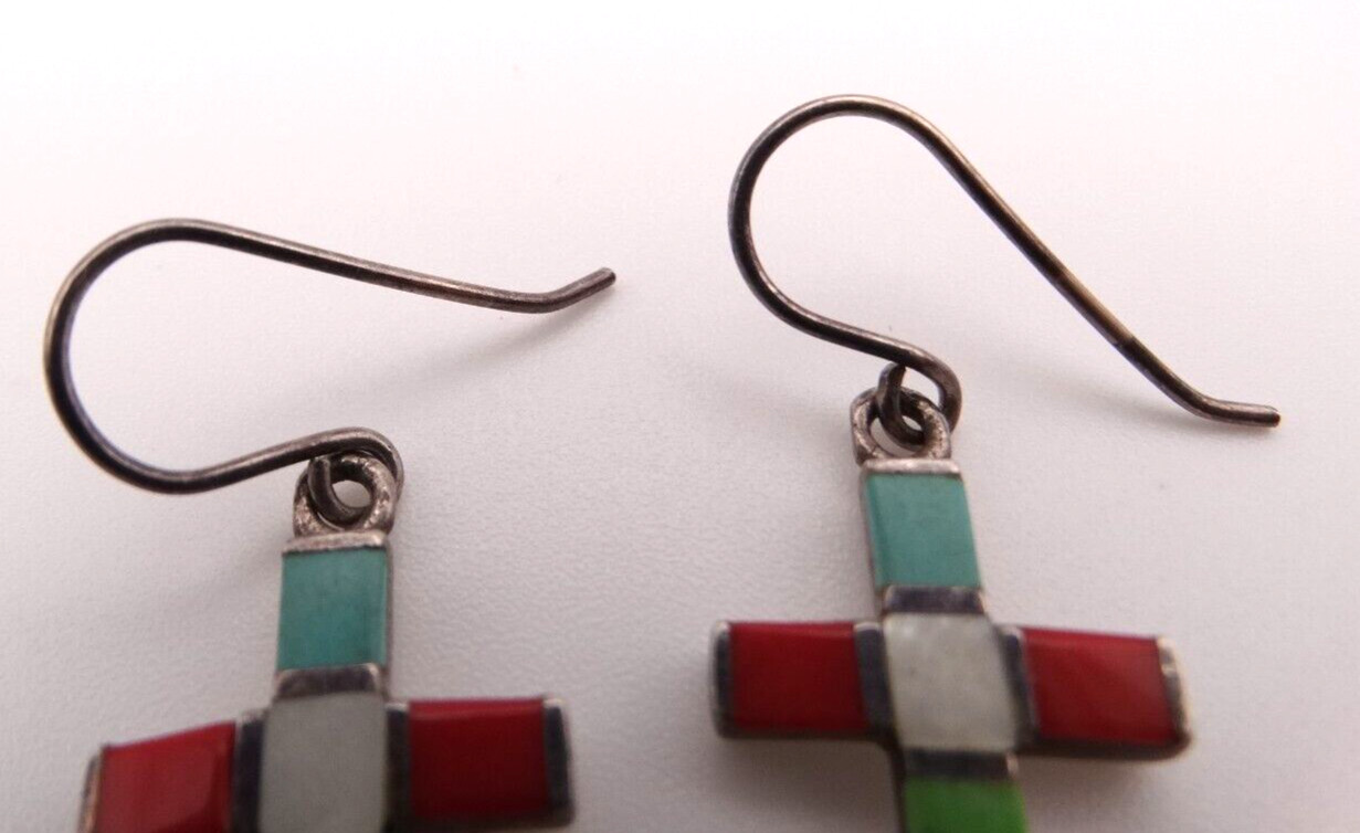 Sterling Silver 925 Dangle Multi Stone Cross Earr… - image 3