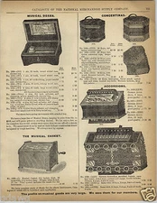 1892 PAPER AD Music Musical Box 6 Airs 3" Cylinder Casket Concertina Accordion