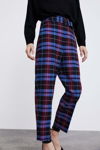 ZARA Tartan Plaid High Rise Straight Leg Pants - Size XS | eBay