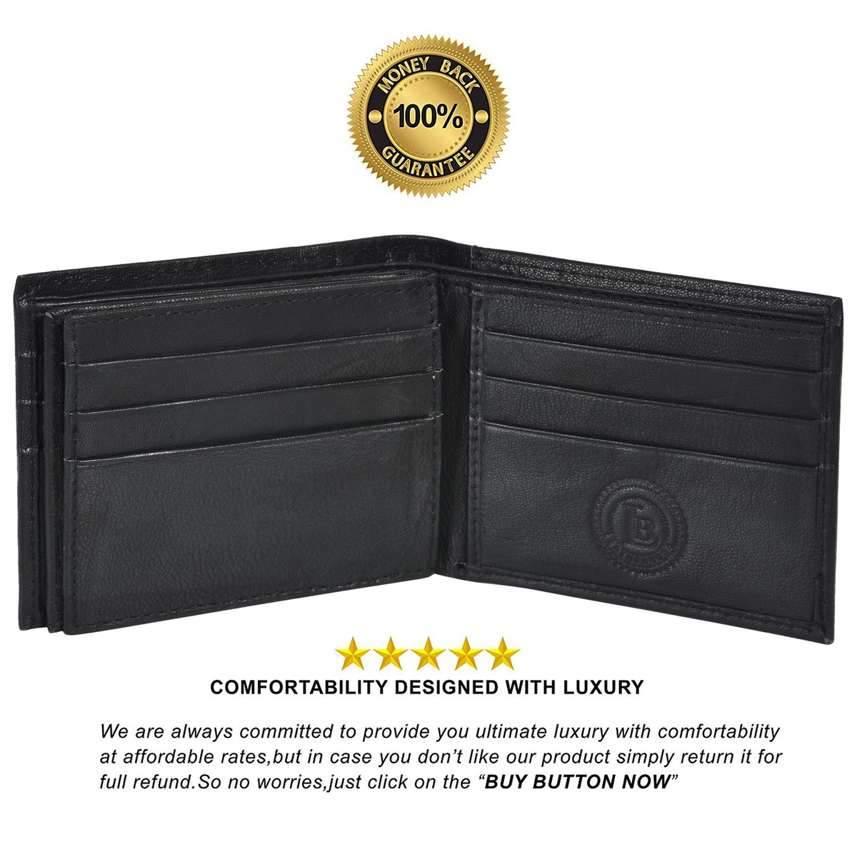Leatherboss Genuine Lambskin Wallet - Soft Black Double Center Flap ID Style