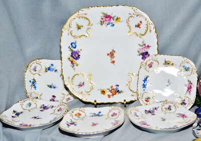 Konfektservice Edelstein Küps, Blumen, Gold, Schale + 5 Tellerchen