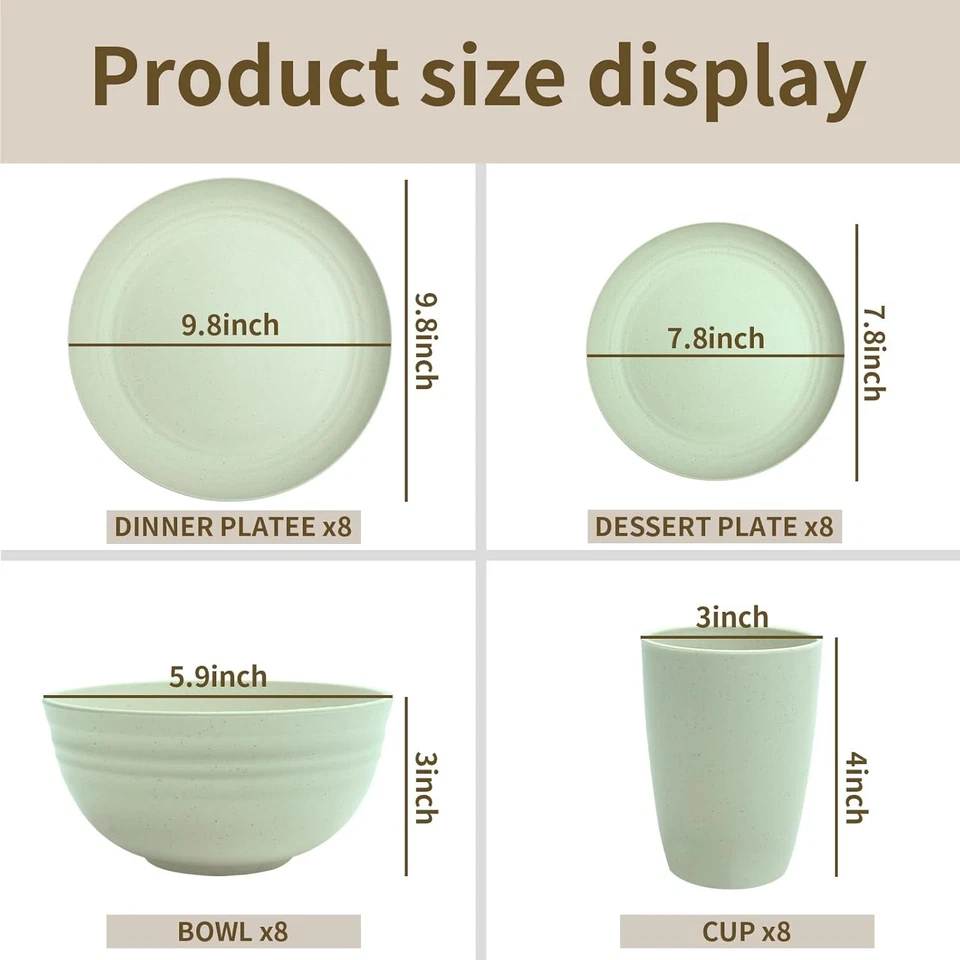 Wheat Straw 16Piece Dinnerware Set for 4 Unbreakable Green for Kitchen & Camping - Image 3 of 4