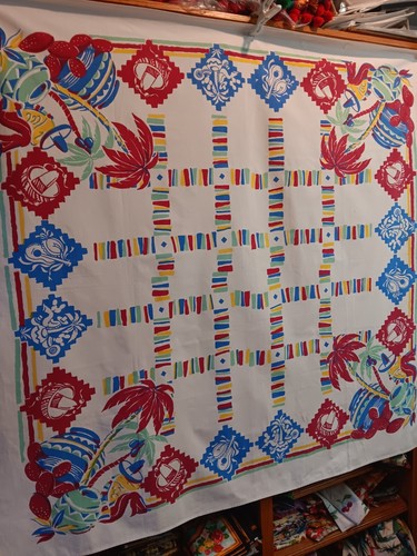 Vintage Mexican Southwestern Tablecloth Wilendur? serape talavera pottery palms