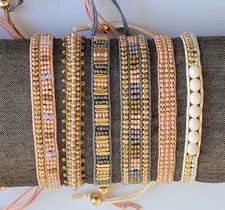 6 Pack Seed Bead Adjustable Bracelet - Salmon & Gray Beaded Bracelet