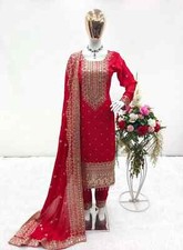 Classic Look Chinnon Silk Red Salwar Kameez And Dupatta For Women  Girls