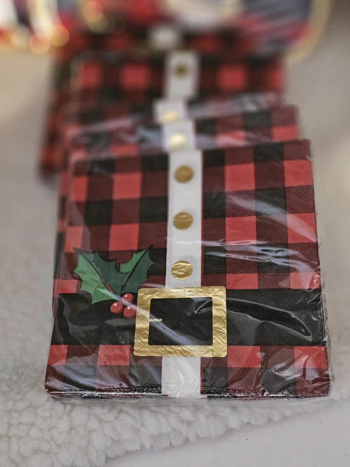 Juego de 5 servilletas y 5 platos de fiesta con cinturón de Papá Noel navideño NUEVO sellado a cuadros Foto 4 de 4