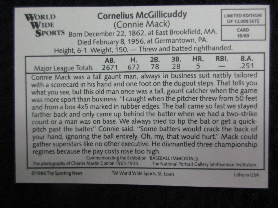 3-1987 CONLON PREMIER CARD SET BASEBALL IMMORTALS TM WORLD WIDE SPORTS *14* - Image 3 of 4