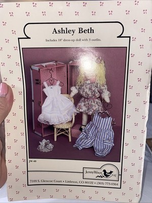 VINTAGE JENNY WREN PATTERN ASHLEY BETH 18'' DRESS UP DOLL WITH 3 OUTFITS Uncut