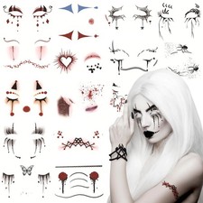 15 Sheets Halloween Face Eye Tattoo Stickers Scary Spider Clown Demon Ghost V...