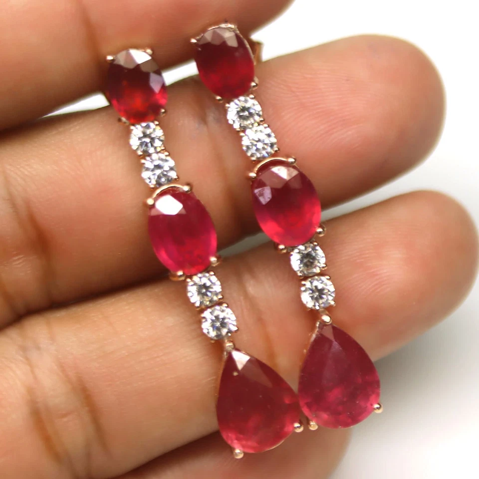 925 Sterling Silver Red Ruby & Cubic Zirconia Earrings Rose Gold Coated - Image 2 of 4