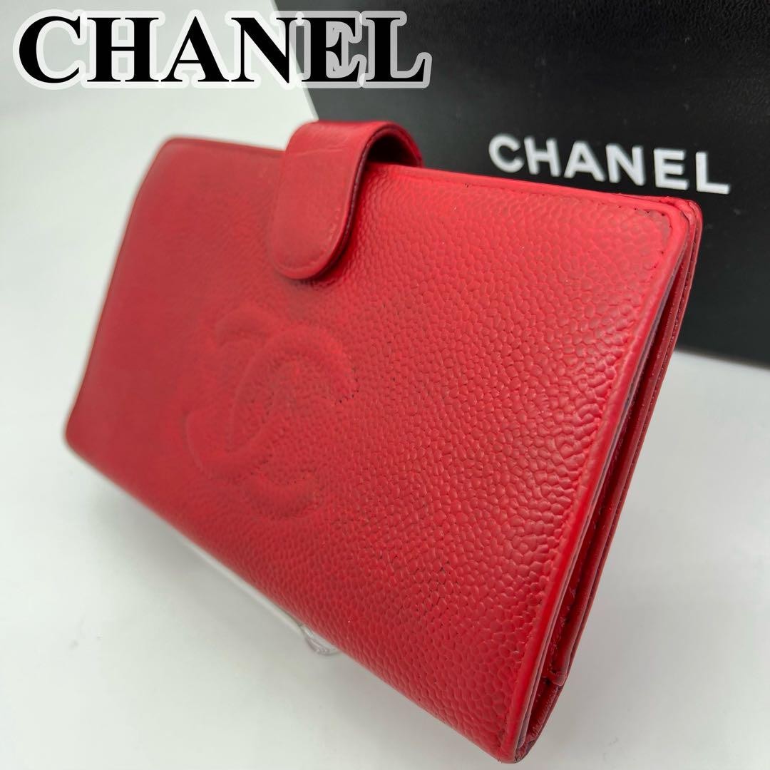 CHANEL Coco Mark Caviar Red Kiss Lock Long Flap Wallet DV465677