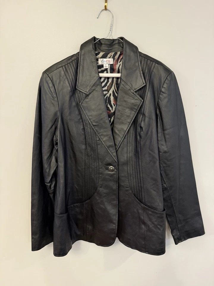 D&Co Denim Company Womens Genuine Leather Black Jacket Coat Blazer sz Large - Image 2 of 4