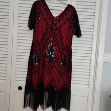 NWT Roaring 20s Red w/Black Beads Flapper Costume Great Gatsby XXL w/accessories