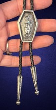 Vintage Southwest J. RITTER Pewter Roadrunner Faux Turquoise SIGNED Bolo Tie