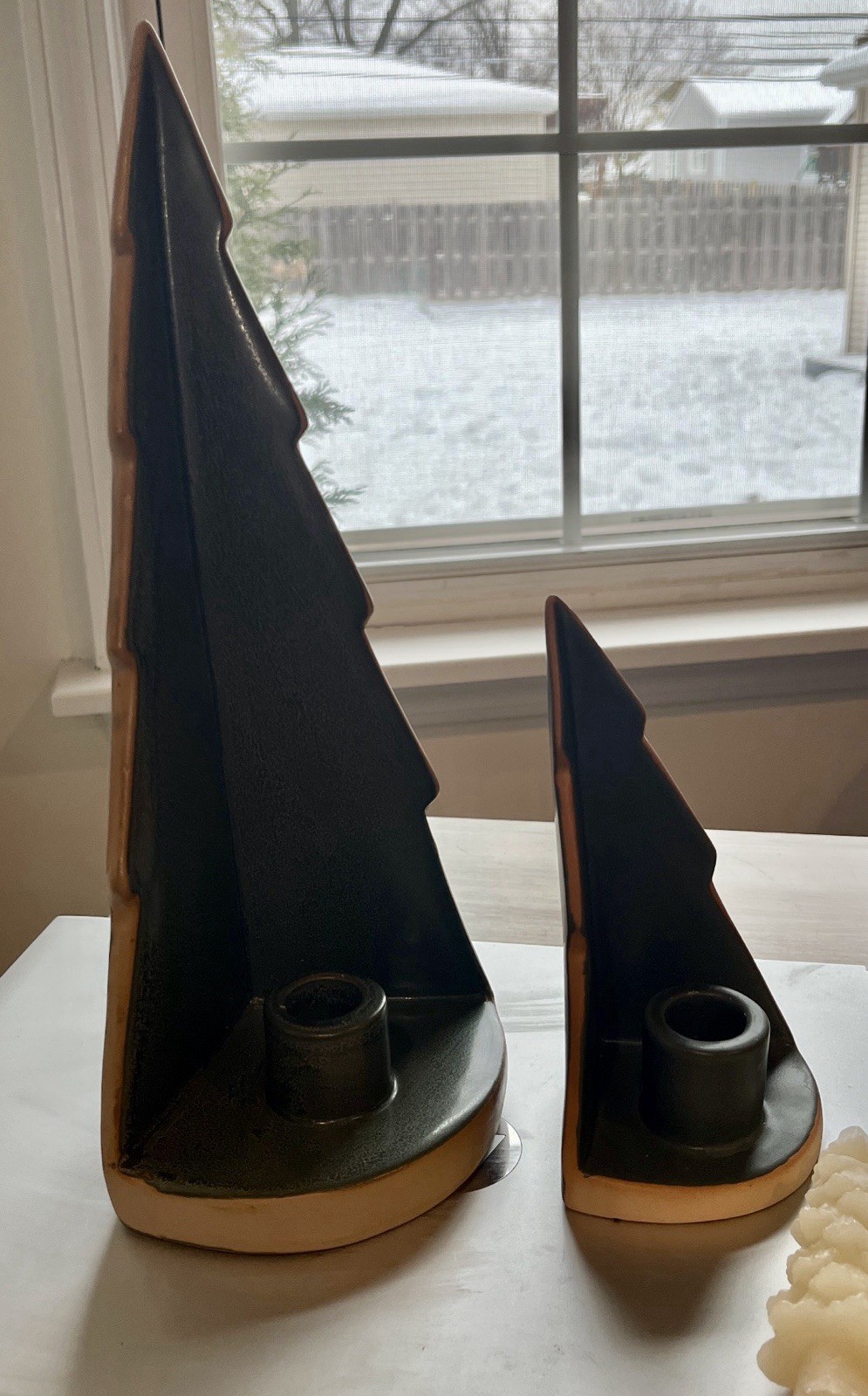 Pair Green Ceramic Christmas Tree Candle Holders