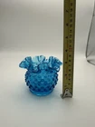 Vintage Fenton Depression Blue Hobnail Ruffled Edge Round Vase 3" tall