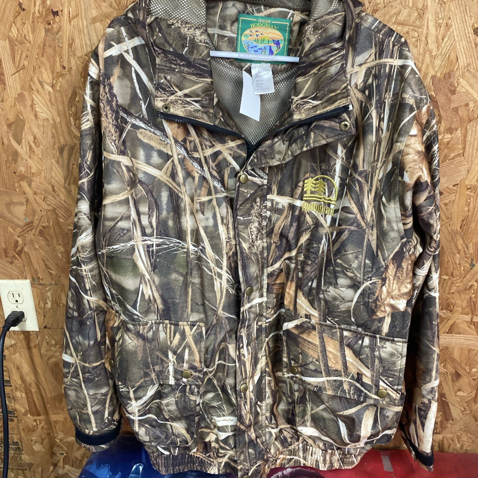 Vintage Hodgman T719 Mens Large Rain Jacket Camo Hooded Waterfowl Duck Hunting