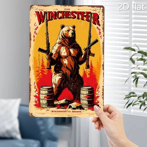 [2D Flat]Winchester Vintage Tin Metal Signs Home Décor 8x12 Retro Bear with Guns