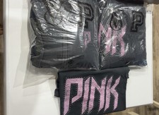 NWT VS PINK 3PC LIMITED EDITION FULL ZIP/ SWEATPANTS/BOXY TEE Pure Black Band LG
