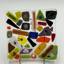 Art Glass Fused Plate Beveled Trinket Dish 6 Inch Square Bright Multicolored