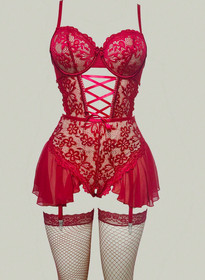 Women's Sexy Lace Lingerie Set Corset Ruffle Hem Garter Fishnet Stockings