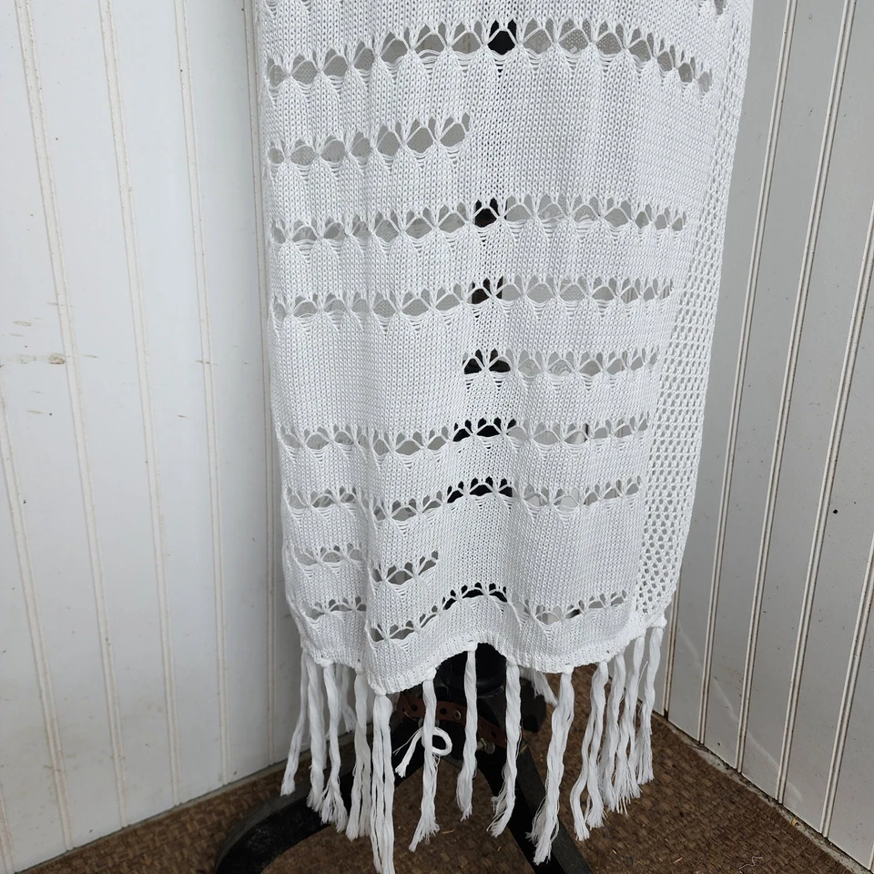 Crochet Knit Maxi Long Dress Cover Up Beach Vacation White Fringe 2XL - Image 3 of 4